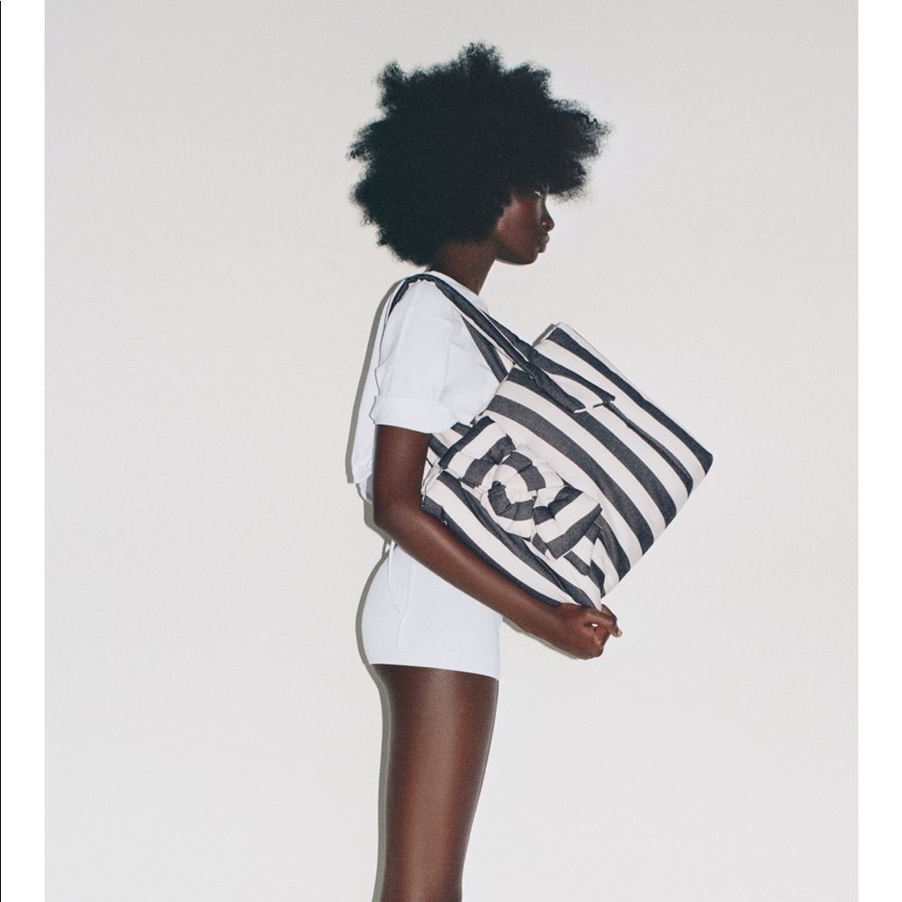NWT Zara Blue White Maxi Bow striped shoulder shopper - Picture 7 of 7